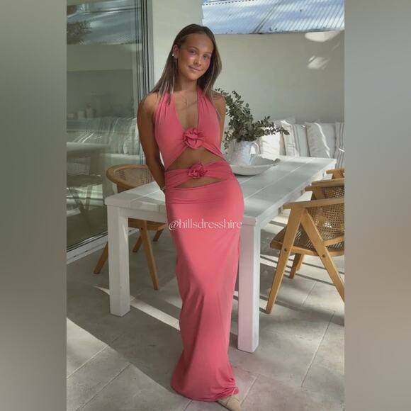 MAYGEL CORONEL Vaupes Dress in Tropical Pink Coral Halter Maxi Dress - Picture 3 of 13